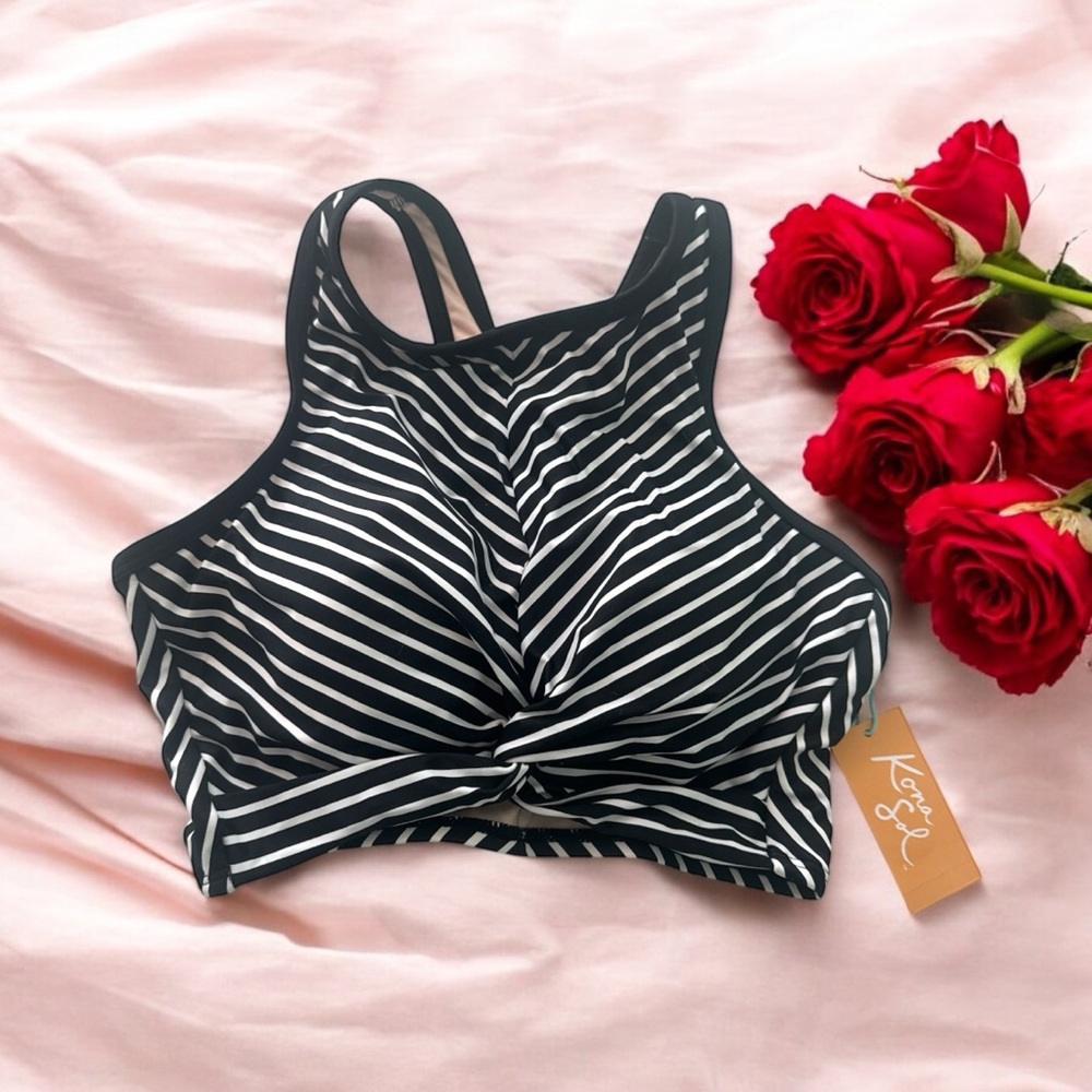 NWT Kona Sol Black and White Striped Bikini Top Racerback Size M